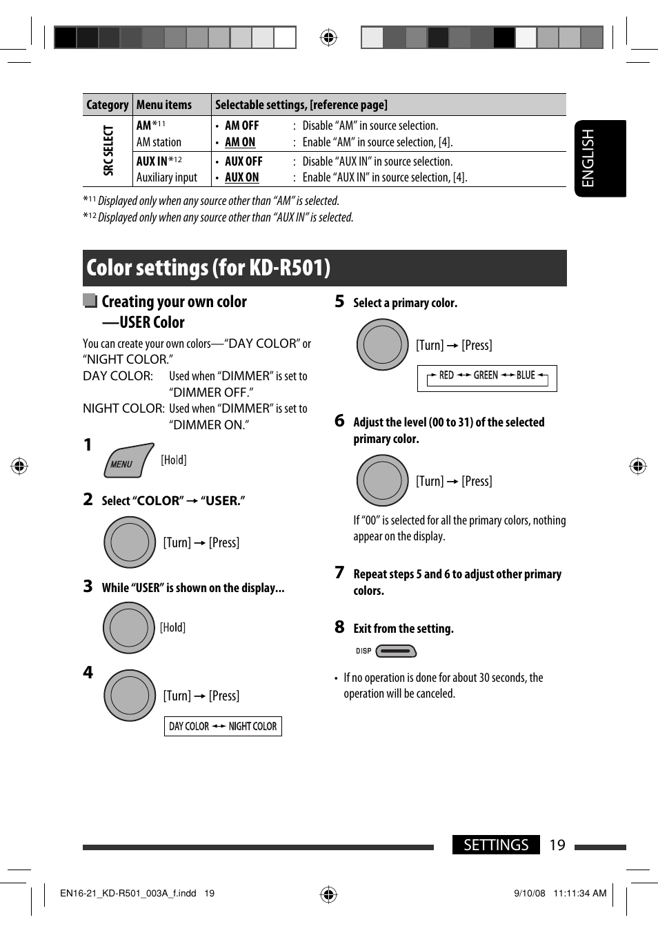 Color settings (for kd-r501), Creating your own color —user color | JVC KD-R402 User Manual | Page 19 / 107