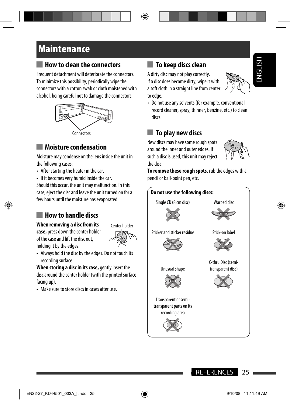 Maintenance, How to clean the connectors, Moisture condensation | How to handle discs, English 25 references | JVC KD-R402 User Manual | Page 25 / 107
