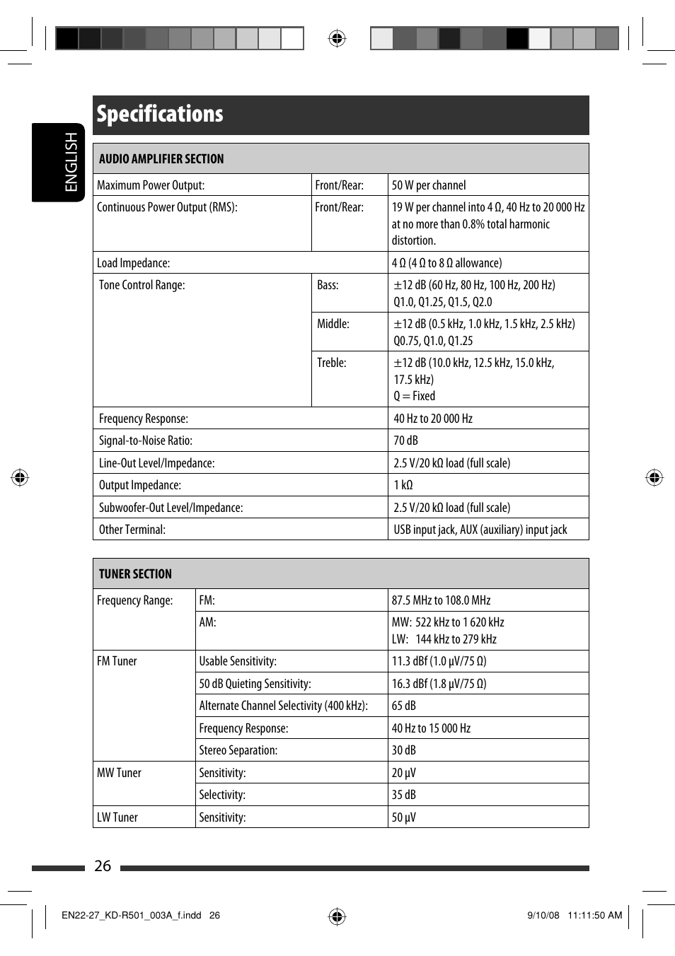 Specifications, English 26 | JVC KD-R402 User Manual | Page 26 / 107