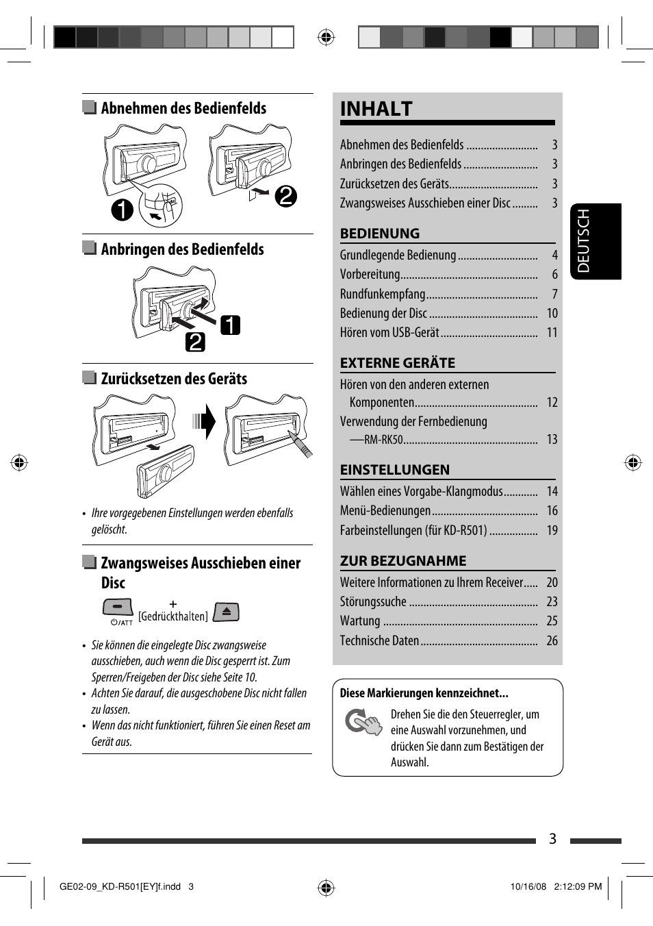 Inhalt, Zurücksetzen des geräts, Zwangsweises ausschieben einer disc | Abnehmen des bedienfelds anbringen des bedienfelds | JVC KD-R402 User Manual | Page 29 / 107