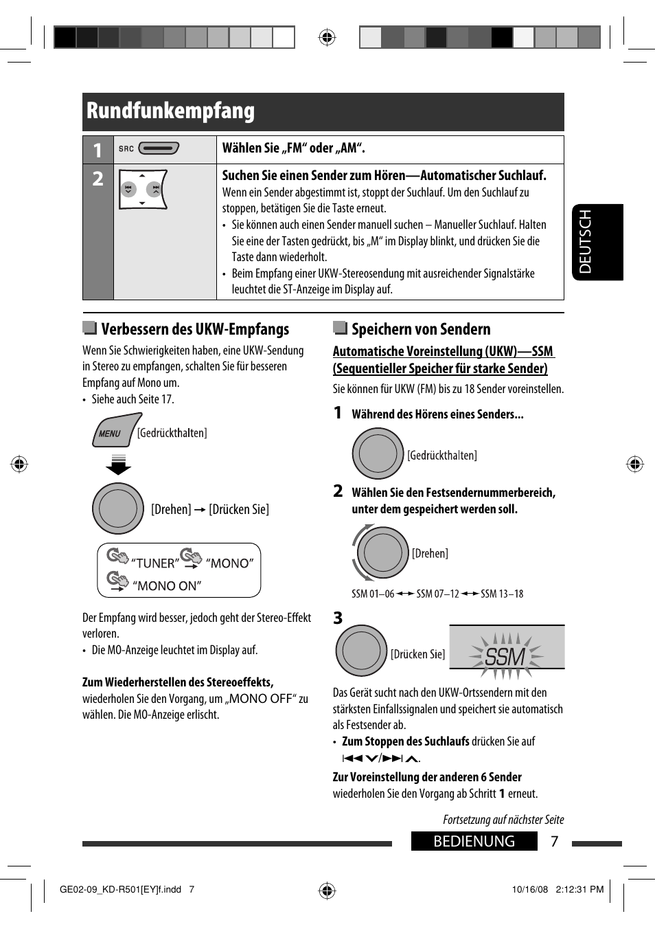 Rundfunkempfang, Verbessern des ukw-empfangs, Speichern von sendern | JVC KD-R402 User Manual | Page 33 / 107