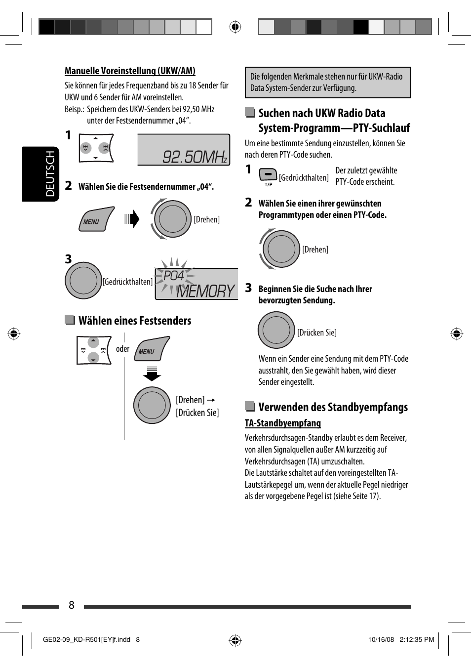 Wählen eines festsenders, Verwenden des standbyempfangs | JVC KD-R402 User Manual | Page 34 / 107