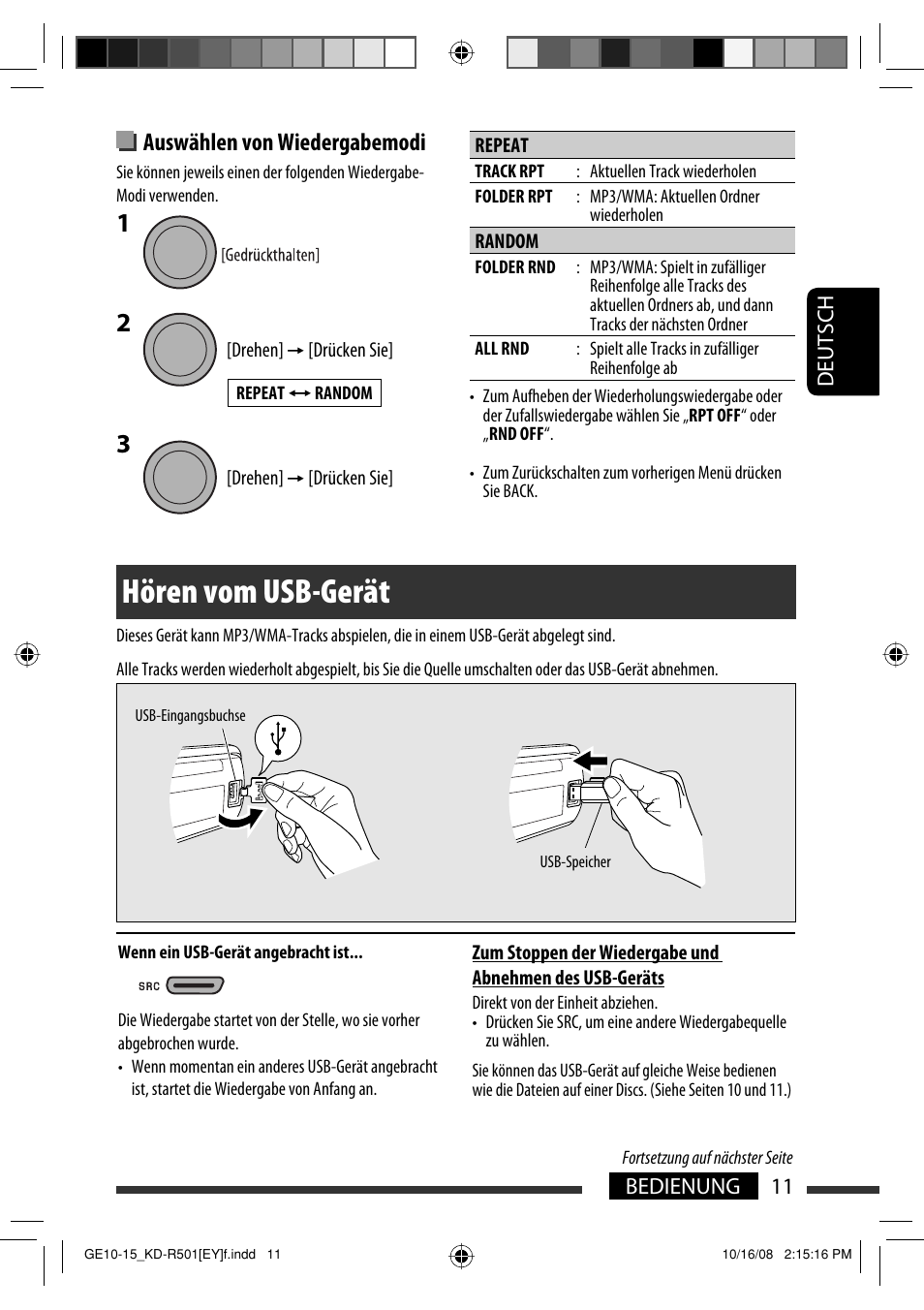 Hören vom usb-gerät, Auswählen von wiedergabemodi | JVC KD-R402 User Manual | Page 37 / 107