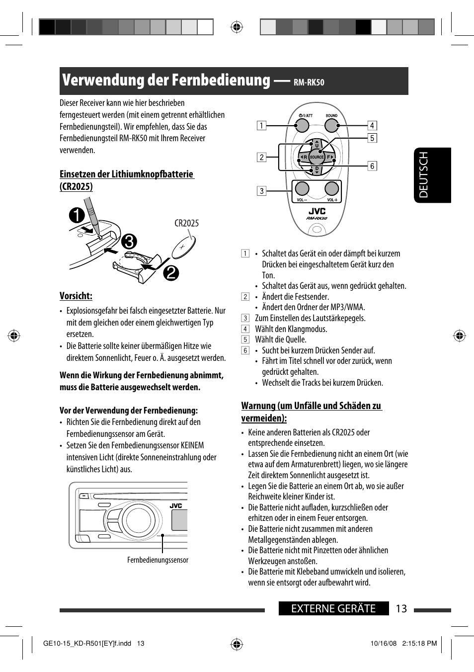 Verwendung der fernbedienung, 13 externe geräte deutsch | JVC KD-R402 User Manual | Page 39 / 107