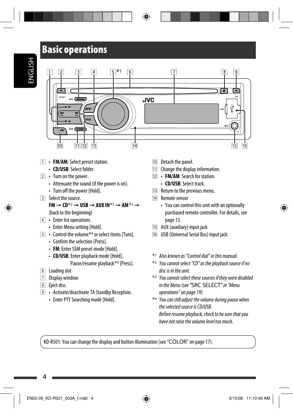 Basic operations, English 4 | JVC KD-R402 User Manual | Page 4 / 107