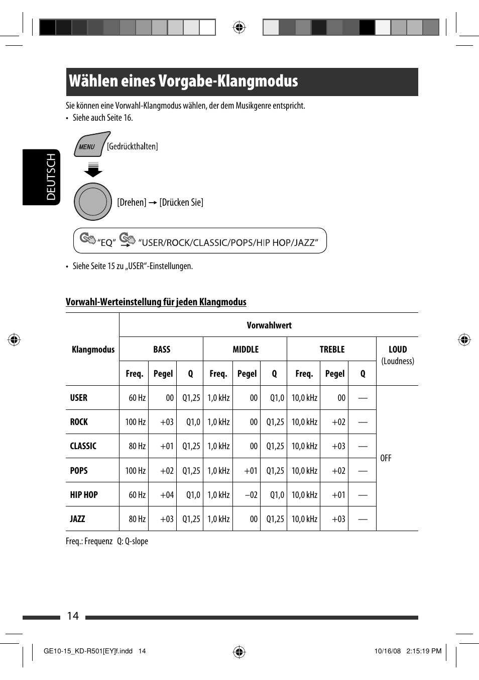 Wählen eines vorgabe-klangmodus, 14 deutsch | JVC KD-R402 User Manual | Page 40 / 107