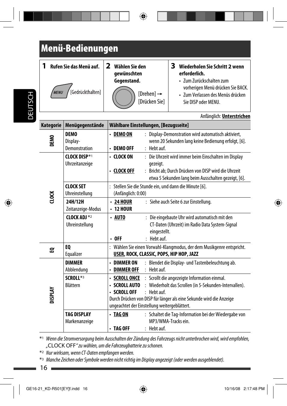 Menü-bedienungen, 16 deutsch | JVC KD-R402 User Manual | Page 42 / 107