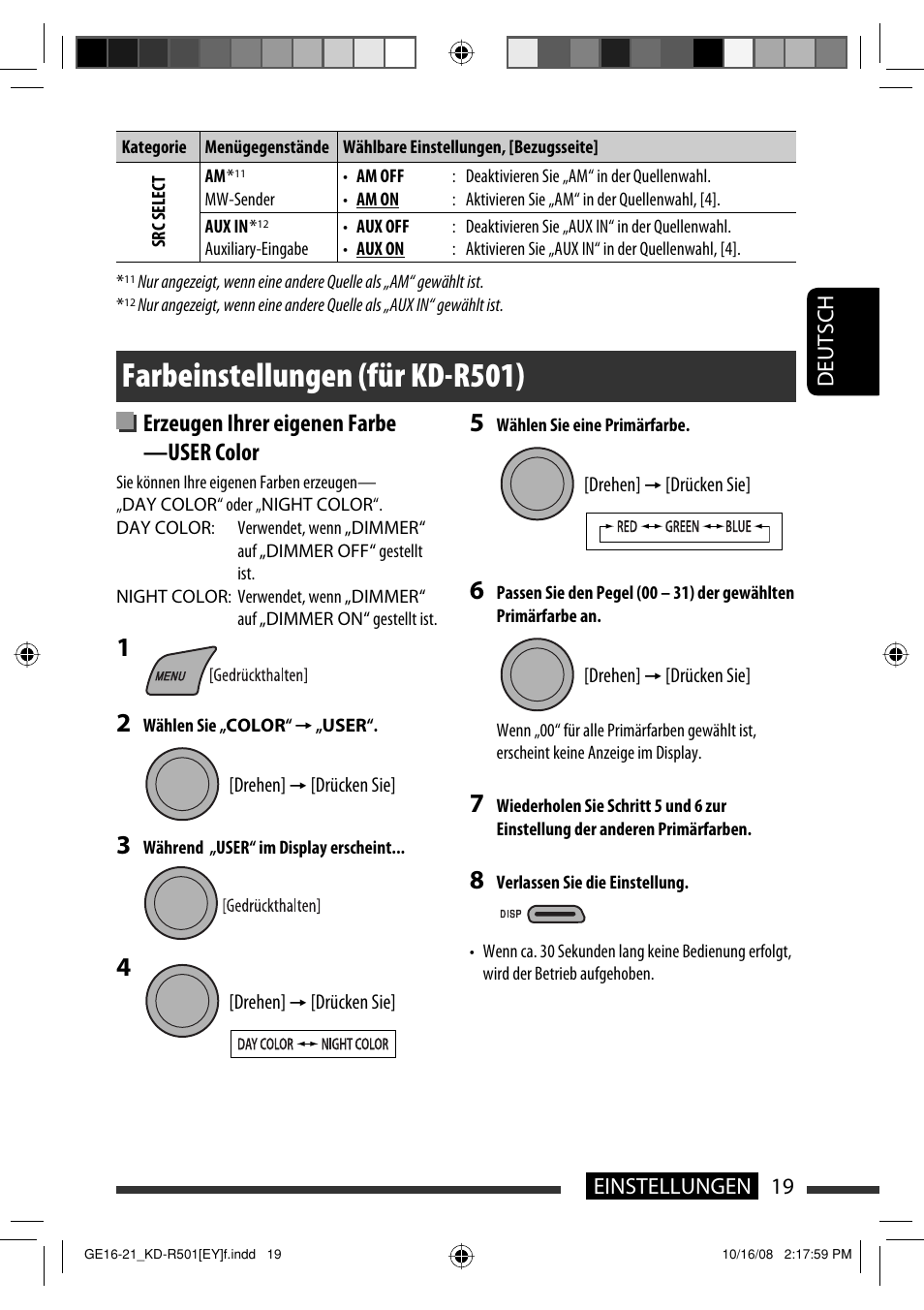 Farbeinstellungen (für kd-r501), Erzeugen ihrer eigenen farbe —user color | JVC KD-R402 User Manual | Page 45 / 107