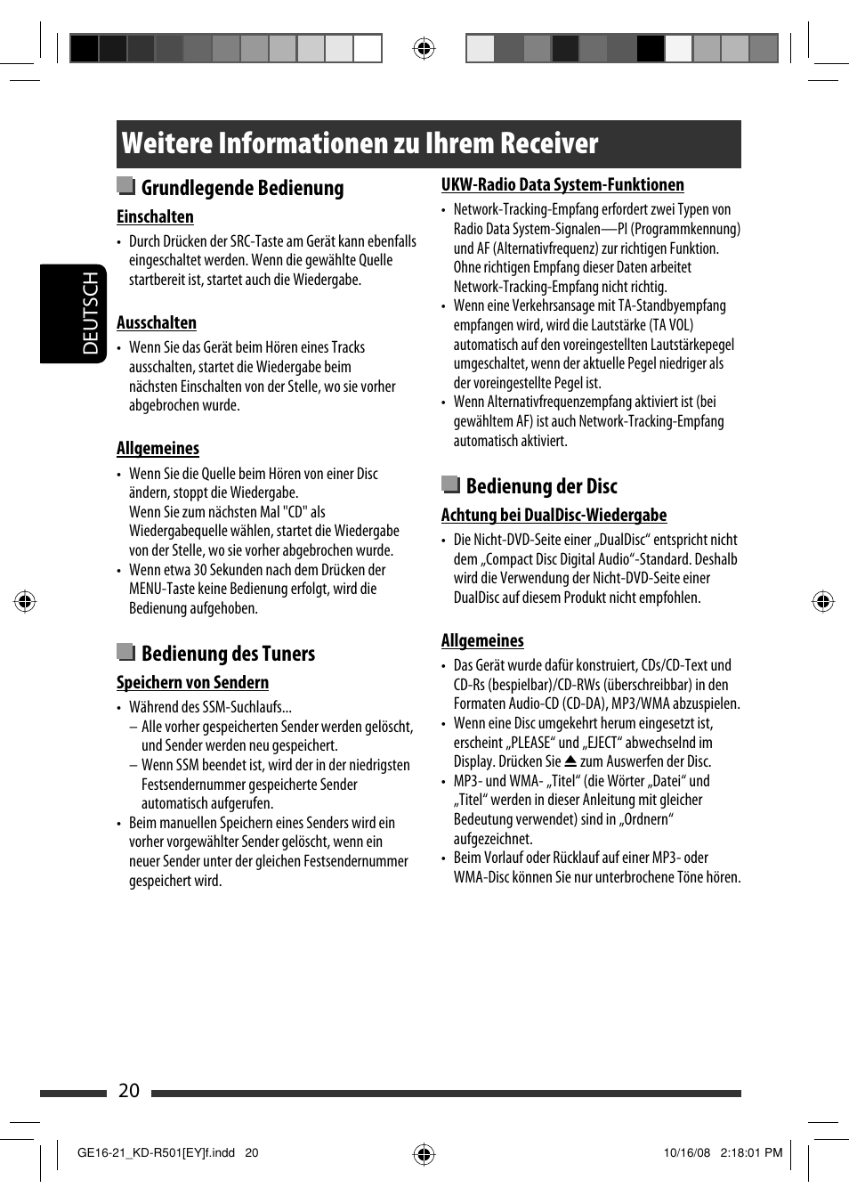 Weitere informationen zu ihrem receiver, Grundlegende bedienung, Bedienung des tuners | Bedienung der disc | JVC KD-R402 User Manual | Page 46 / 107