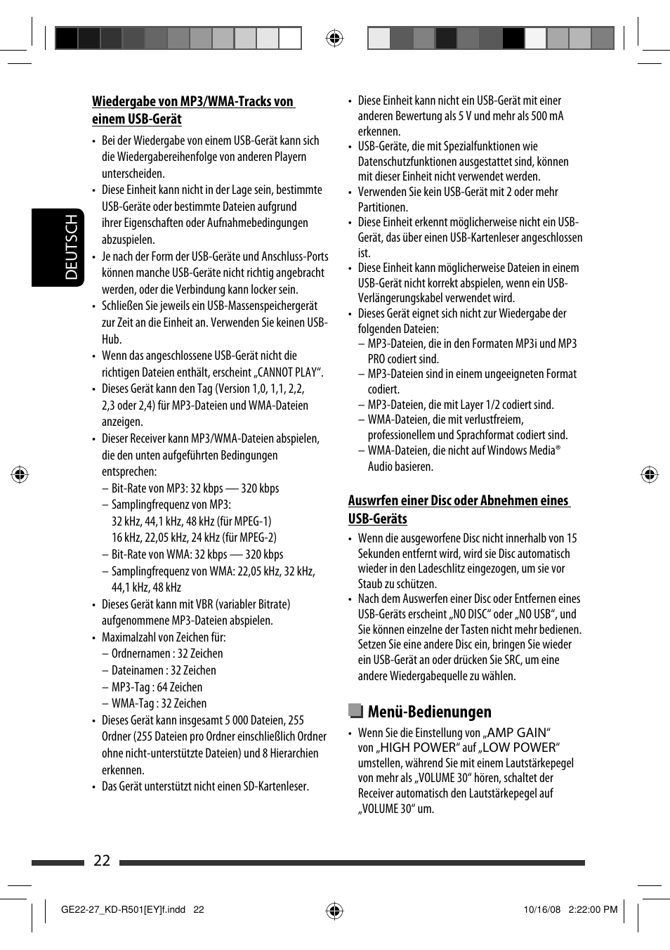 Menü-bedienungen, 22 deutsch | JVC KD-R402 User Manual | Page 48 / 107