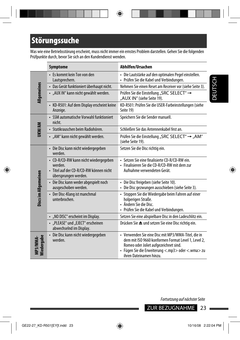 Störungssuche, 23 zur bezugnahme deutsch | JVC KD-R402 User Manual | Page 49 / 107