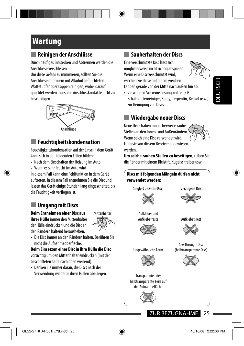 Wartung, Reinigen der anschlüsse, Feuchtigkeitskondensation | Umgang mit discs, Sauberhalten der discs, Wiedergabe neuer discs, 25 zur bezugnahme deutsch | JVC KD-R402 User Manual | Page 51 / 107