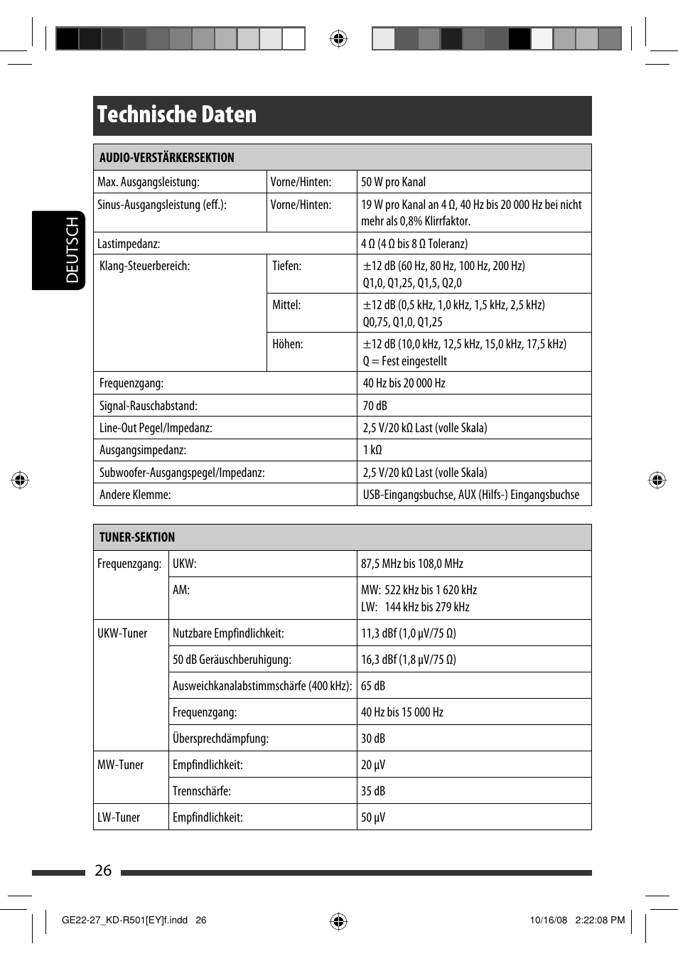 Technische daten, 26 deutsch | JVC KD-R402 User Manual | Page 52 / 107