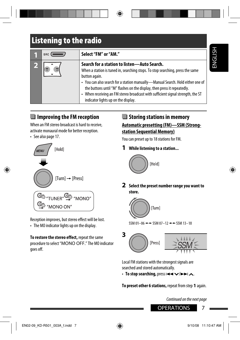 Listening to the radio, Improving the fm reception | JVC KD-R402 User Manual | Page 7 / 107