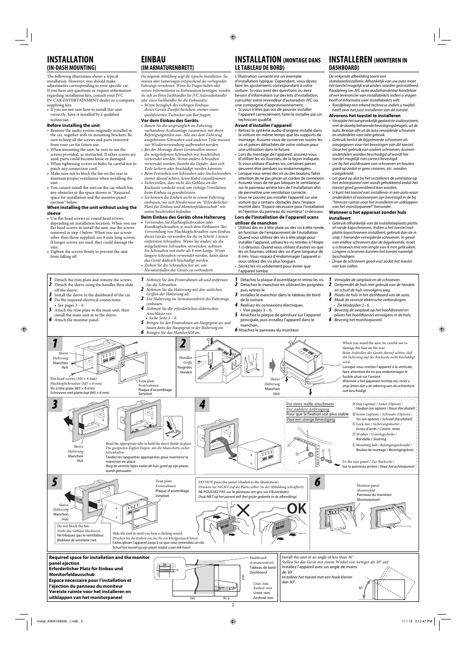 Installation (in-dash mounting), Installation, Installeren | Einbau, In-dash mounting), Montage dans le tableau de bord), Monteren in dashboard), Im armaturenbrett) | JVC KW-AVX840 User Manual | Page 2 / 6