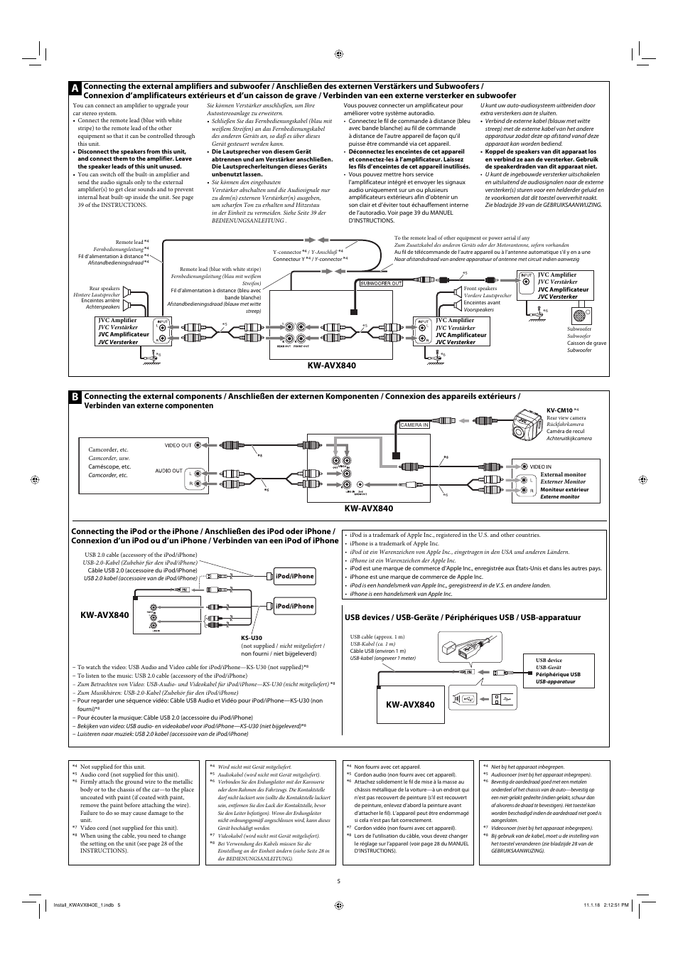Connecting the external amplifiers and subwoofer, Connecting the external components, Kw-avx840 | JVC KW-AVX840 User Manual | Page 5 / 6