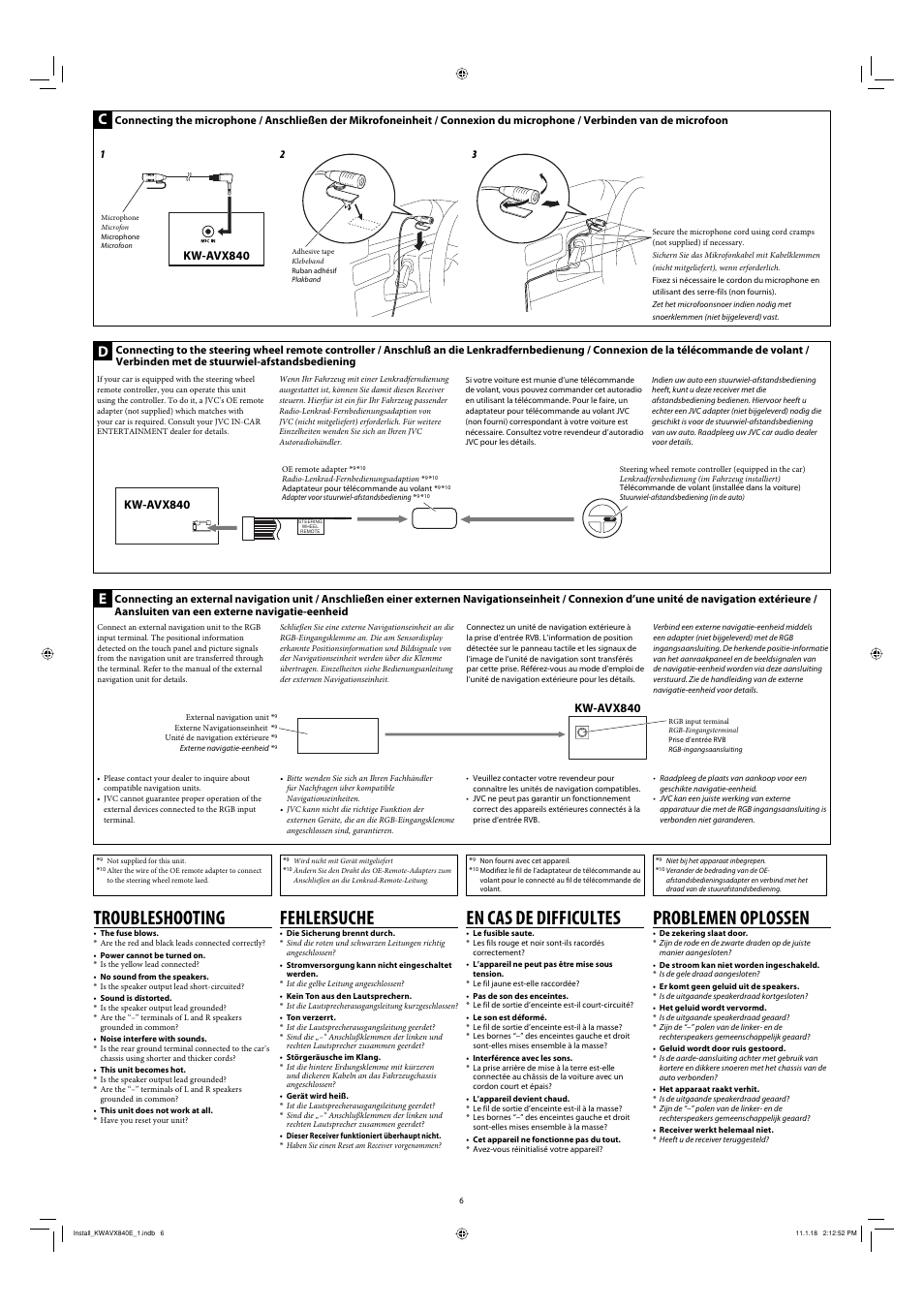 Connecting the microphone, Connecting to the steering wheel remote controller, Connecting an external navigation unit | Troubleshooting, En cas de difficultes, Fehlersuche, Problemen oplossen, Kw-avx840 | JVC KW-AVX840 User Manual | Page 6 / 6
