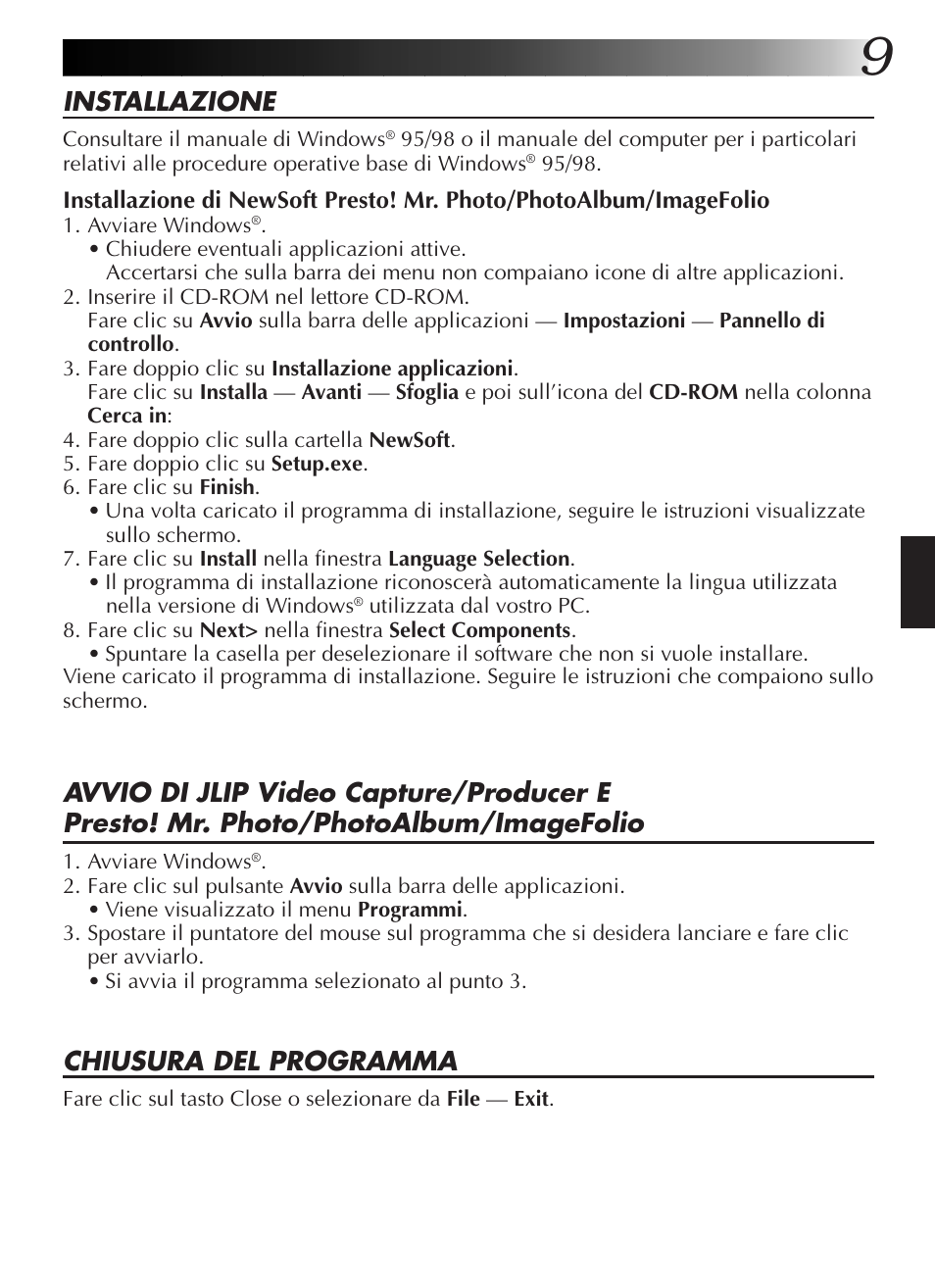 Installazione, Chiusura del programma | JVC GR-DVL9200 User Manual | Page 101 / 220