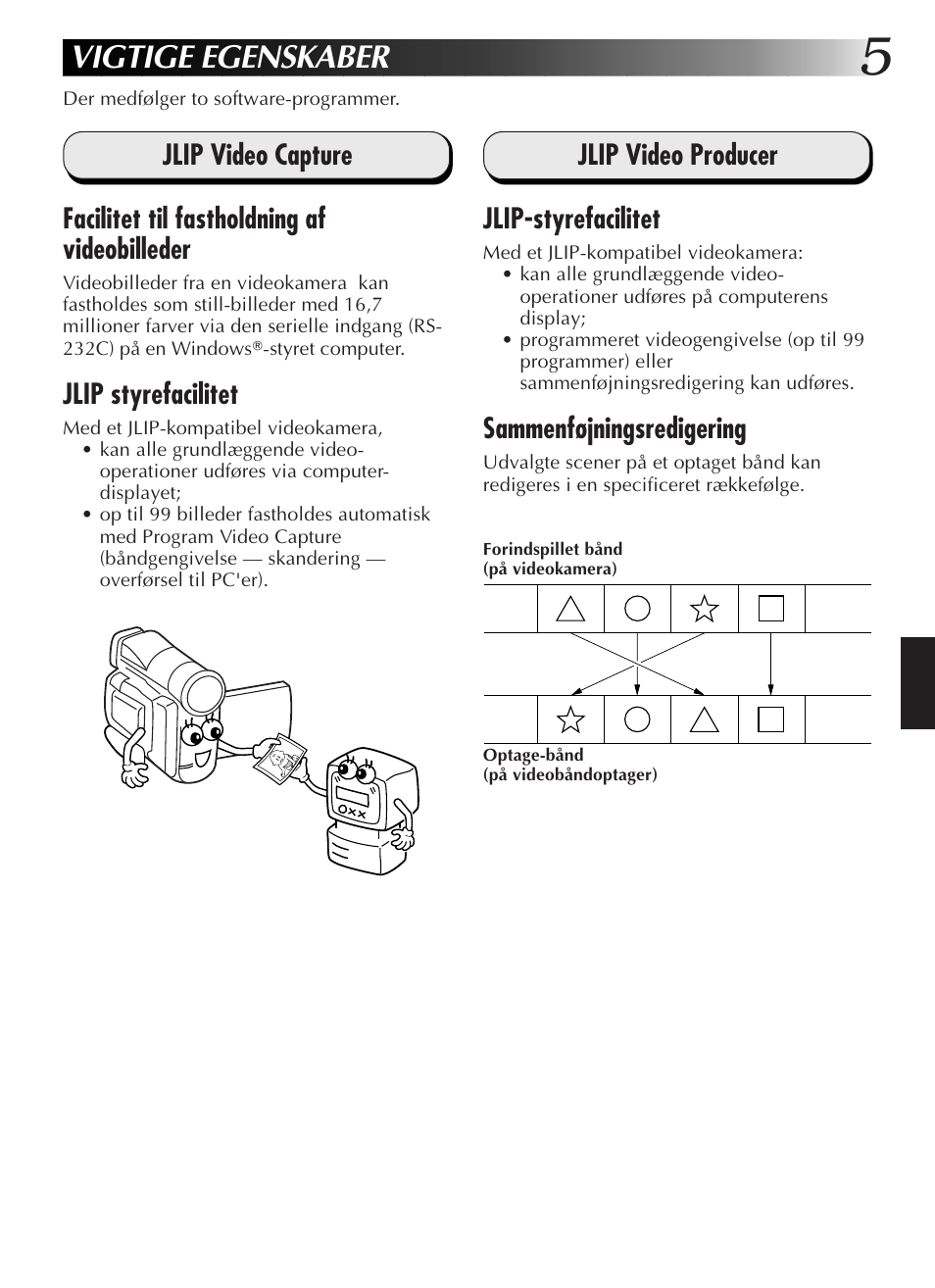 Vigtige egenskaber, Jlip styrefacilitet, Jlip video producer jlip-styrefacilitet | Sammenføjningsredigering | JVC GR-DVL9200 User Manual | Page 115 / 220