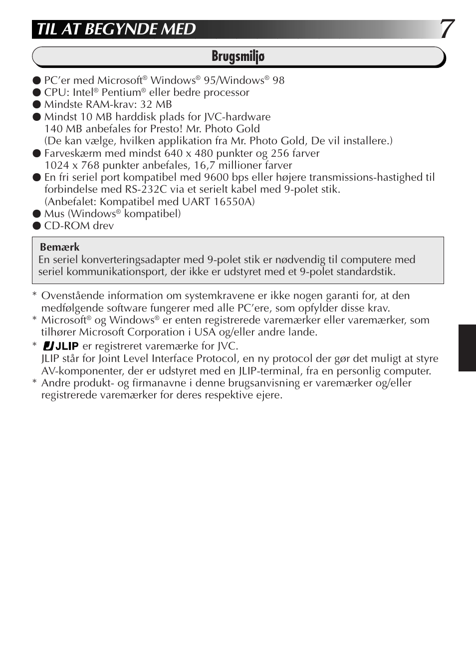 Til at begynde med, Brugsmiljø | JVC GR-DVL9200 User Manual | Page 117 / 220