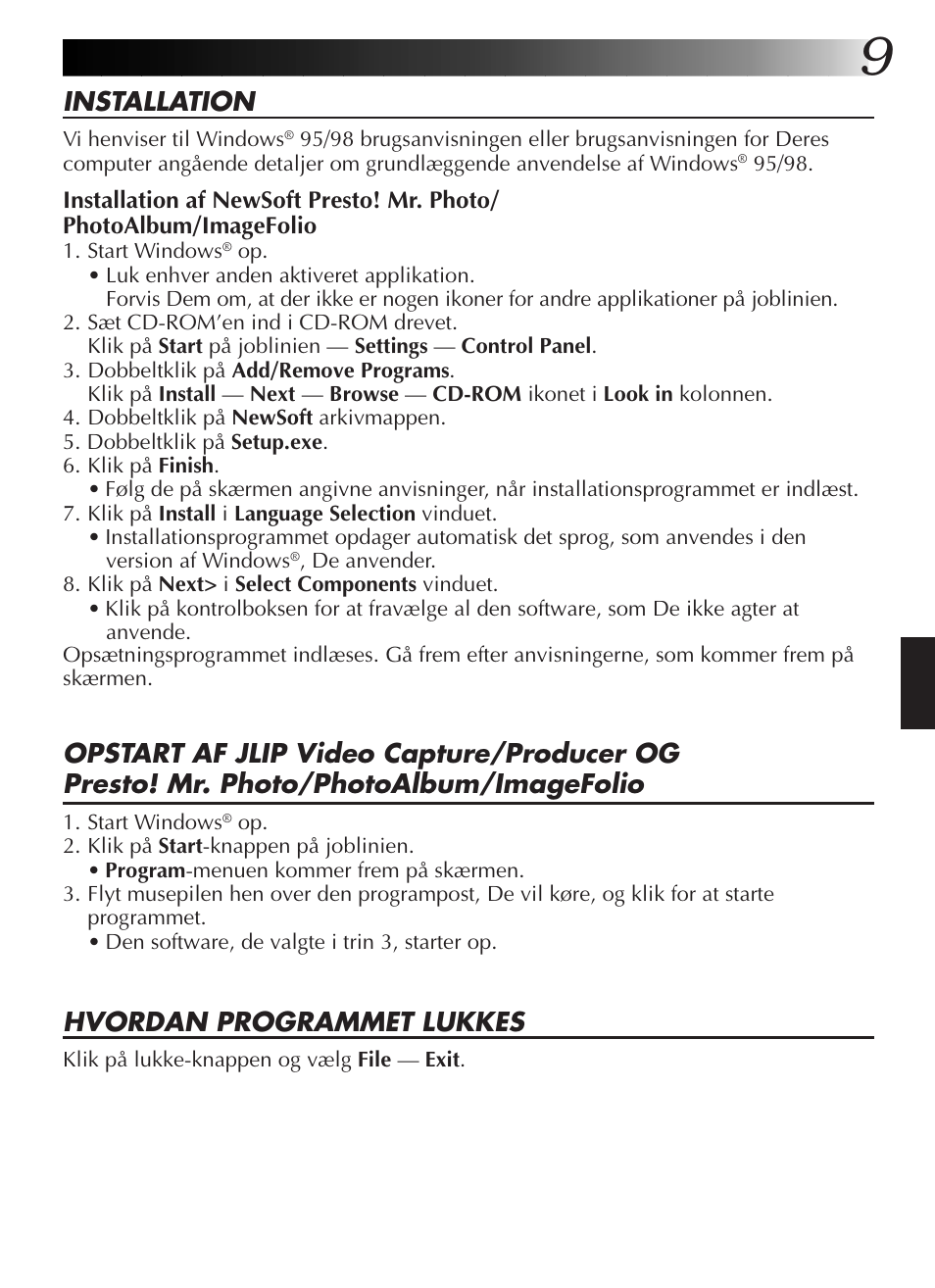 Installation, Hvordan programmet lukkes | JVC GR-DVL9200 User Manual | Page 119 / 220