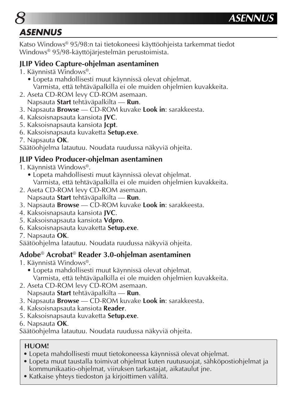 Asennus | JVC GR-DVL9200 User Manual | Page 136 / 220