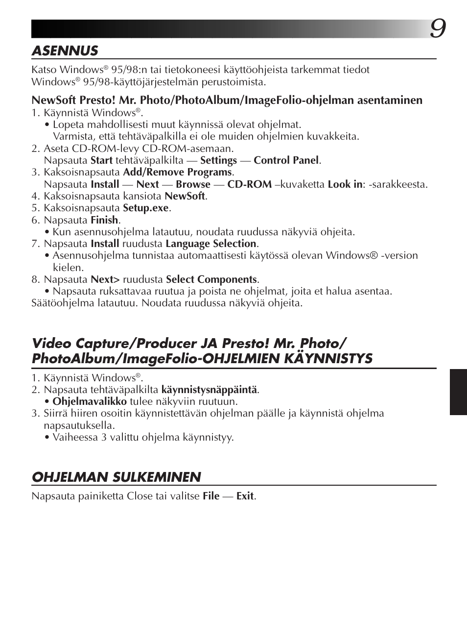 Asennus, Ohjelman sulkeminen | JVC GR-DVL9200 User Manual | Page 137 / 220