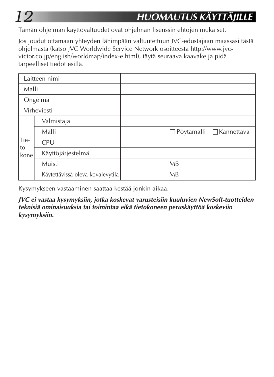 Huomautus käyttäjille | JVC GR-DVL9200 User Manual | Page 140 / 220