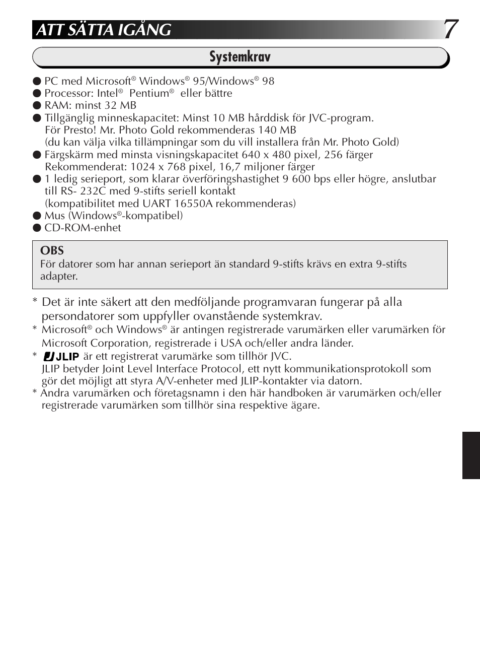 Att sätta igång, Systemkrav | JVC GR-DVL9200 User Manual | Page 153 / 220