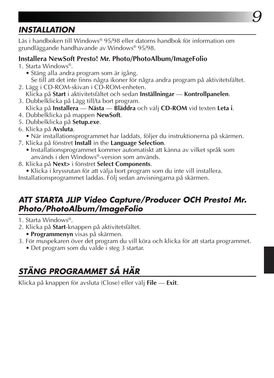 Installation, Stäng programmet så här | JVC GR-DVL9200 User Manual | Page 155 / 220