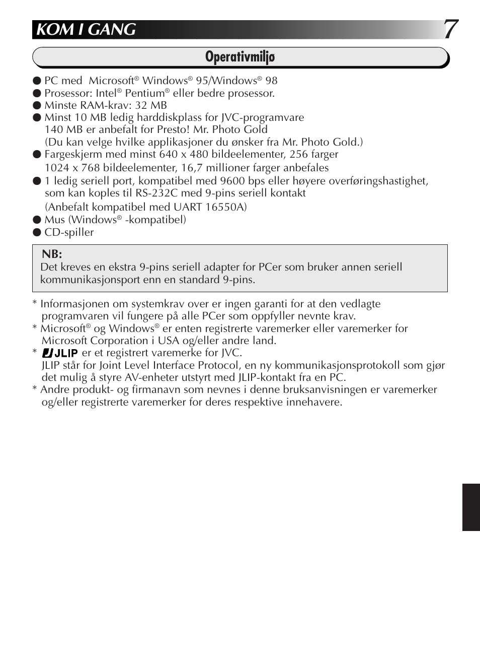 Kom i gang, Operativmiljø | JVC GR-DVL9200 User Manual | Page 171 / 220