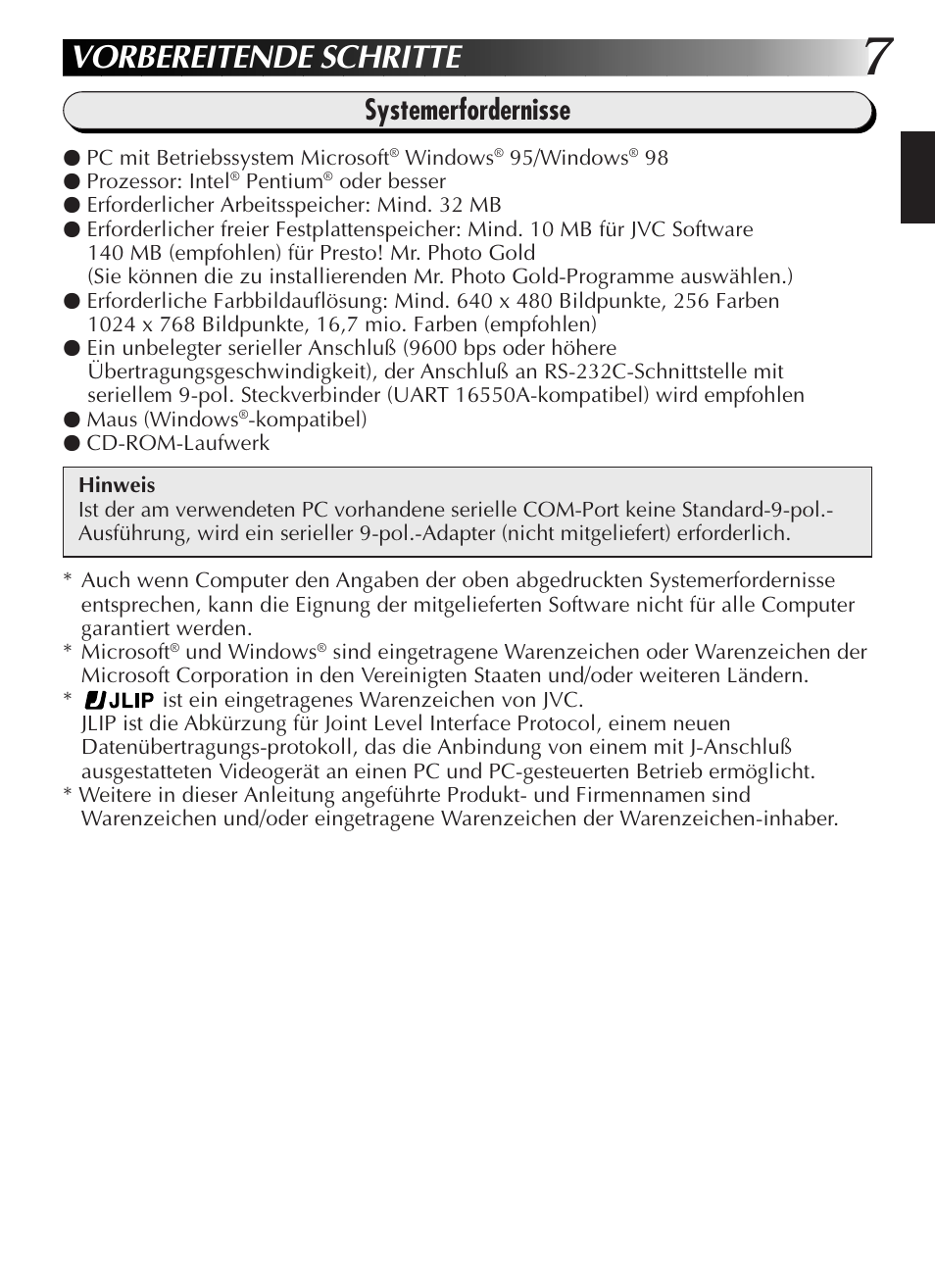 Vorbereitende schritte, Systemerfordernisse | JVC GR-DVL9200 User Manual | Page 27 / 220