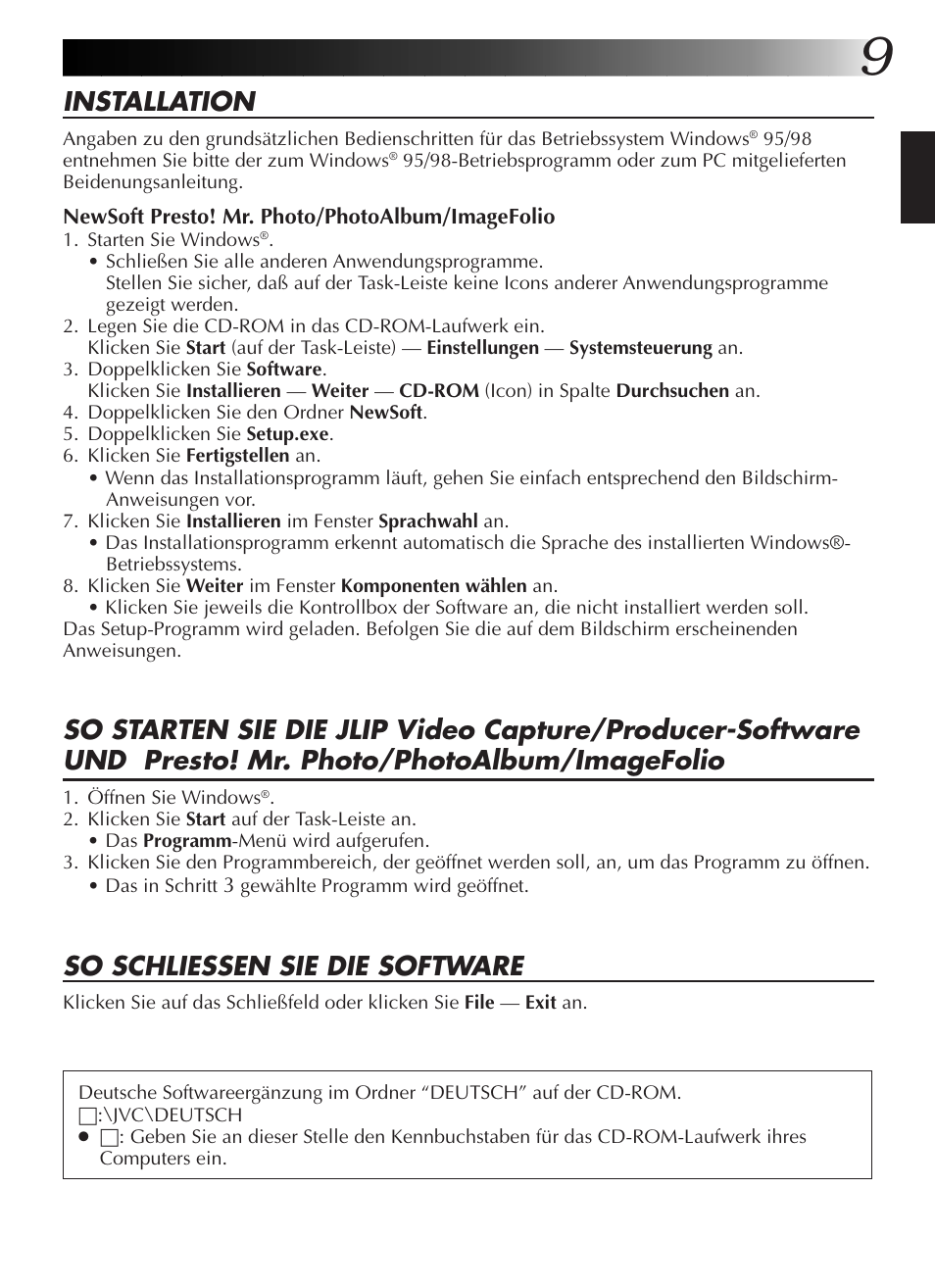 Installation, So schliessen sie die software | JVC GR-DVL9200 User Manual | Page 29 / 220