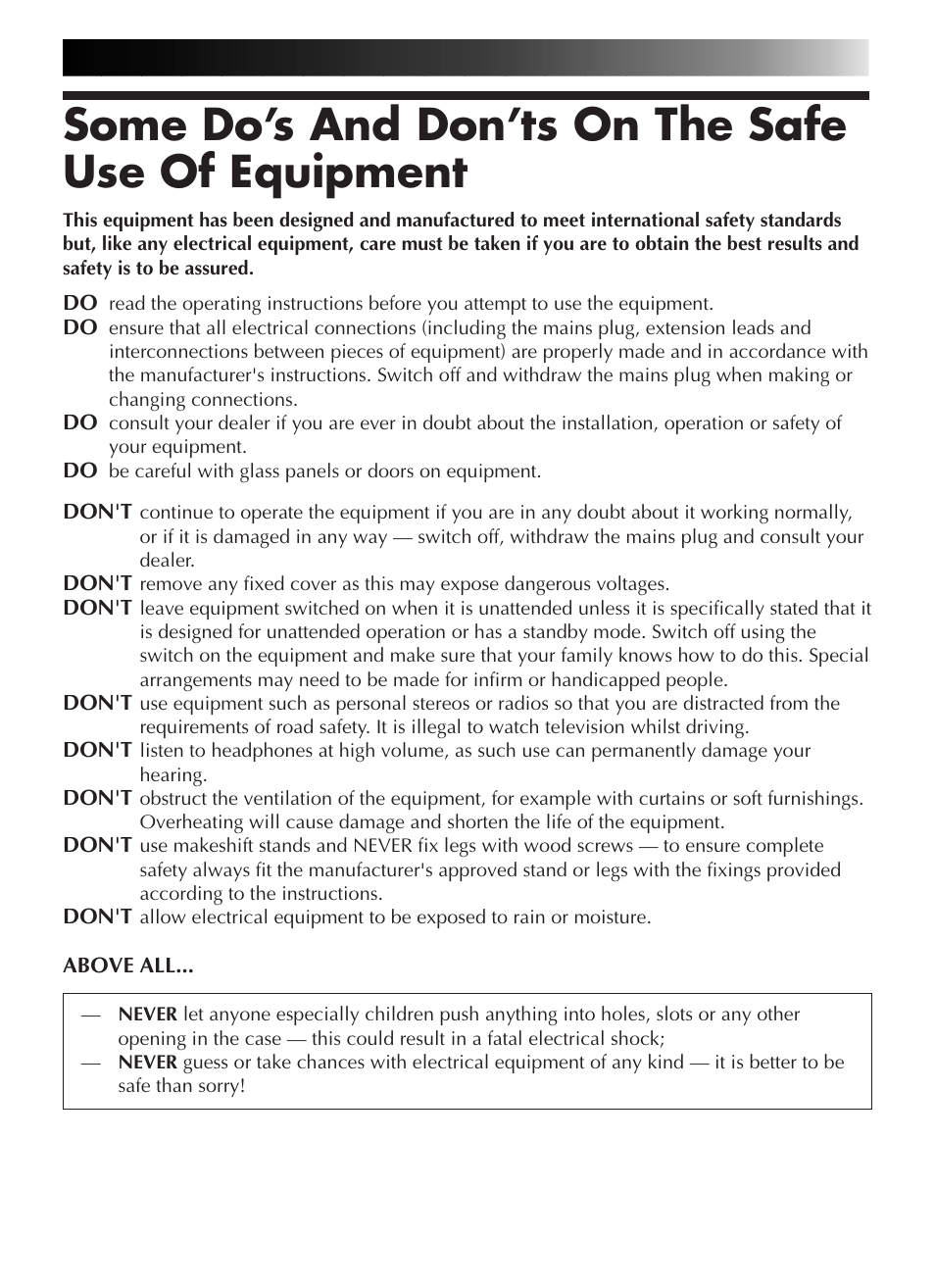 Some do’s and don’ts on the safe use of equipment | JVC GR-DVL9200 User Manual | Page 3 / 220