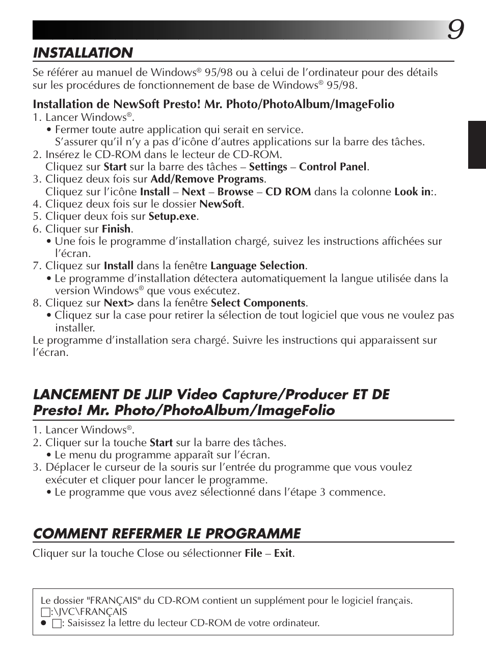 Installation, Comment refermer le programme | JVC GR-DVL9200 User Manual | Page 47 / 220