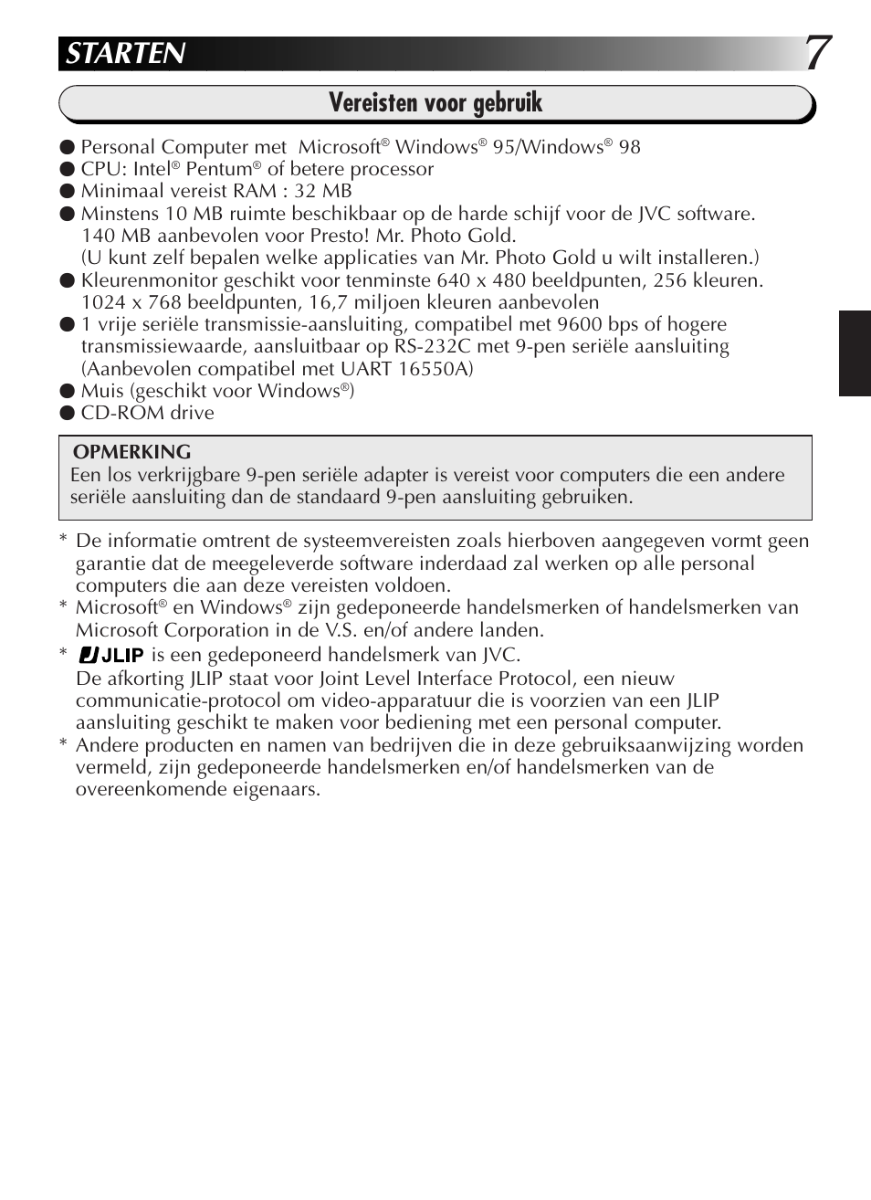 Starten, Vereisten voor gebruik | JVC GR-DVL9200 User Manual | Page 63 / 220