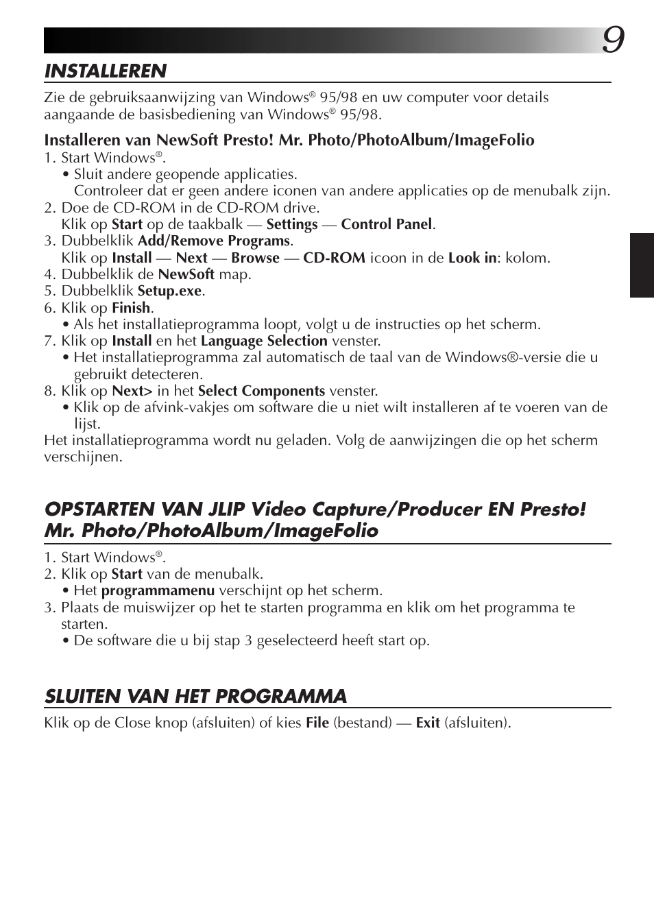 Installeren, Sluiten van het programma | JVC GR-DVL9200 User Manual | Page 65 / 220