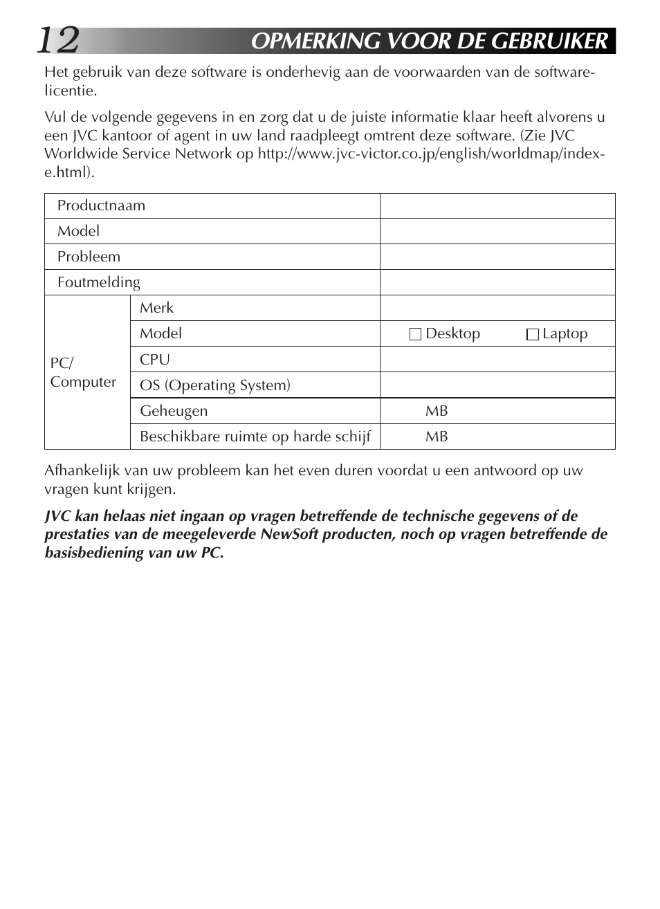 Opmerking voor de gebruiker | JVC GR-DVL9200 User Manual | Page 68 / 220