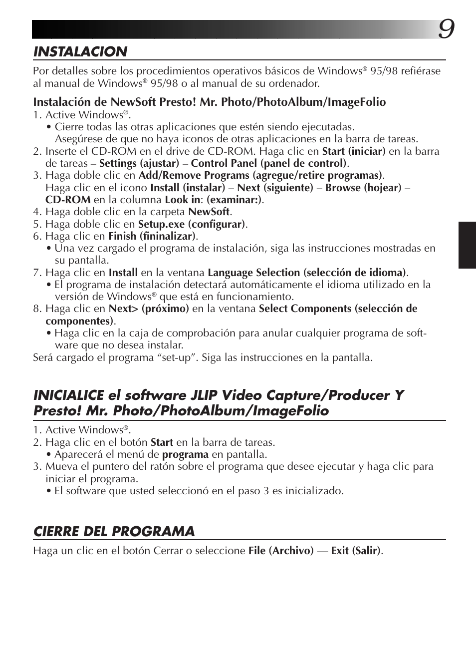 Instalacion, Cierre del programa | JVC GR-DVL9200 User Manual | Page 83 / 220