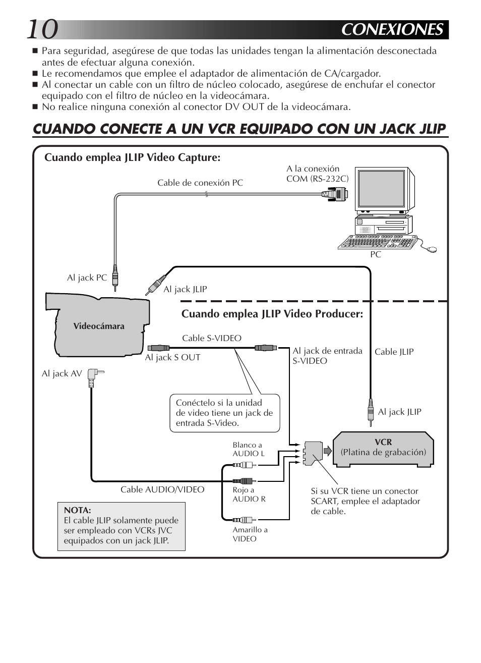 Conexiones, Cuando conecte a un vcr equipado con un jack jlip | JVC GR-DVL9200 User Manual | Page 84 / 220