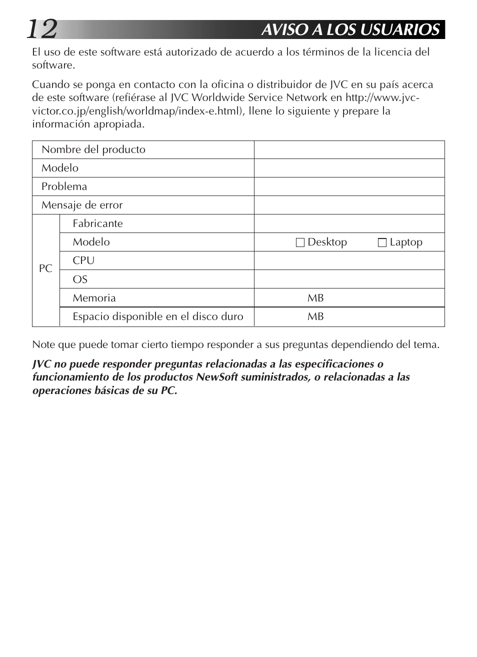Aviso a los usuarios | JVC GR-DVL9200 User Manual | Page 86 / 220