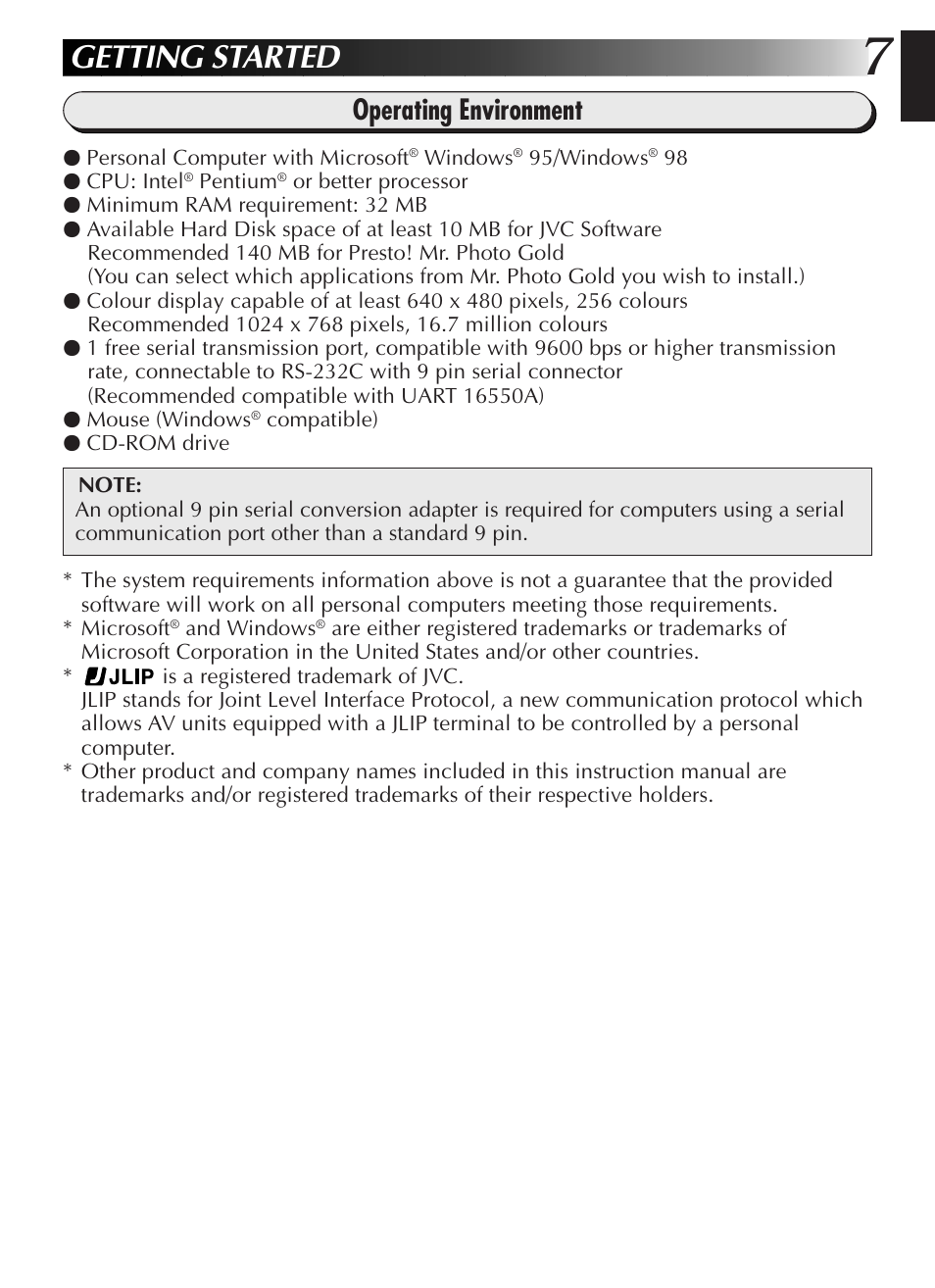 Getting started, Operating environment | JVC GR-DVL9200 User Manual | Page 9 / 220
