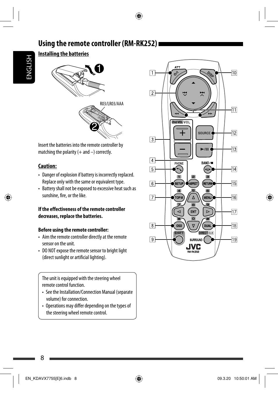 Using the remote controller (rm-rk252), 8english | JVC KD-AVX77 User Manual | Page 10 / 292