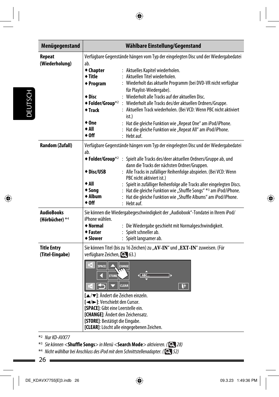 26 deutsch, Menügegenstand wählbare einstellung/gegenstand | JVC KD-AVX77 User Manual | Page 100 / 292