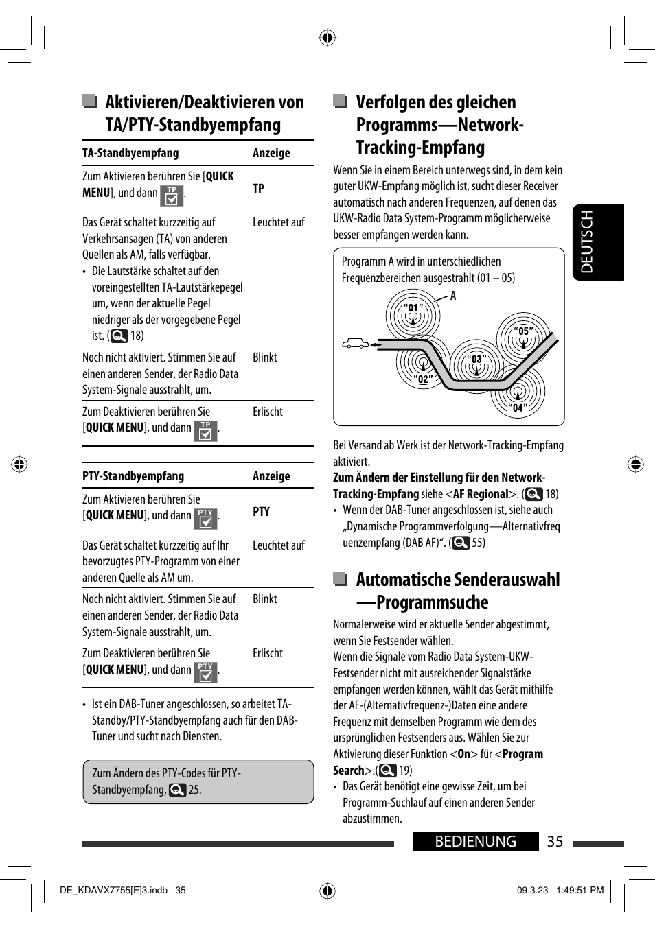 Aktivieren/deaktivieren von ta/pty-standbyempfang, Automatische senderauswahl —programmsuche | JVC KD-AVX77 User Manual | Page 109 / 292