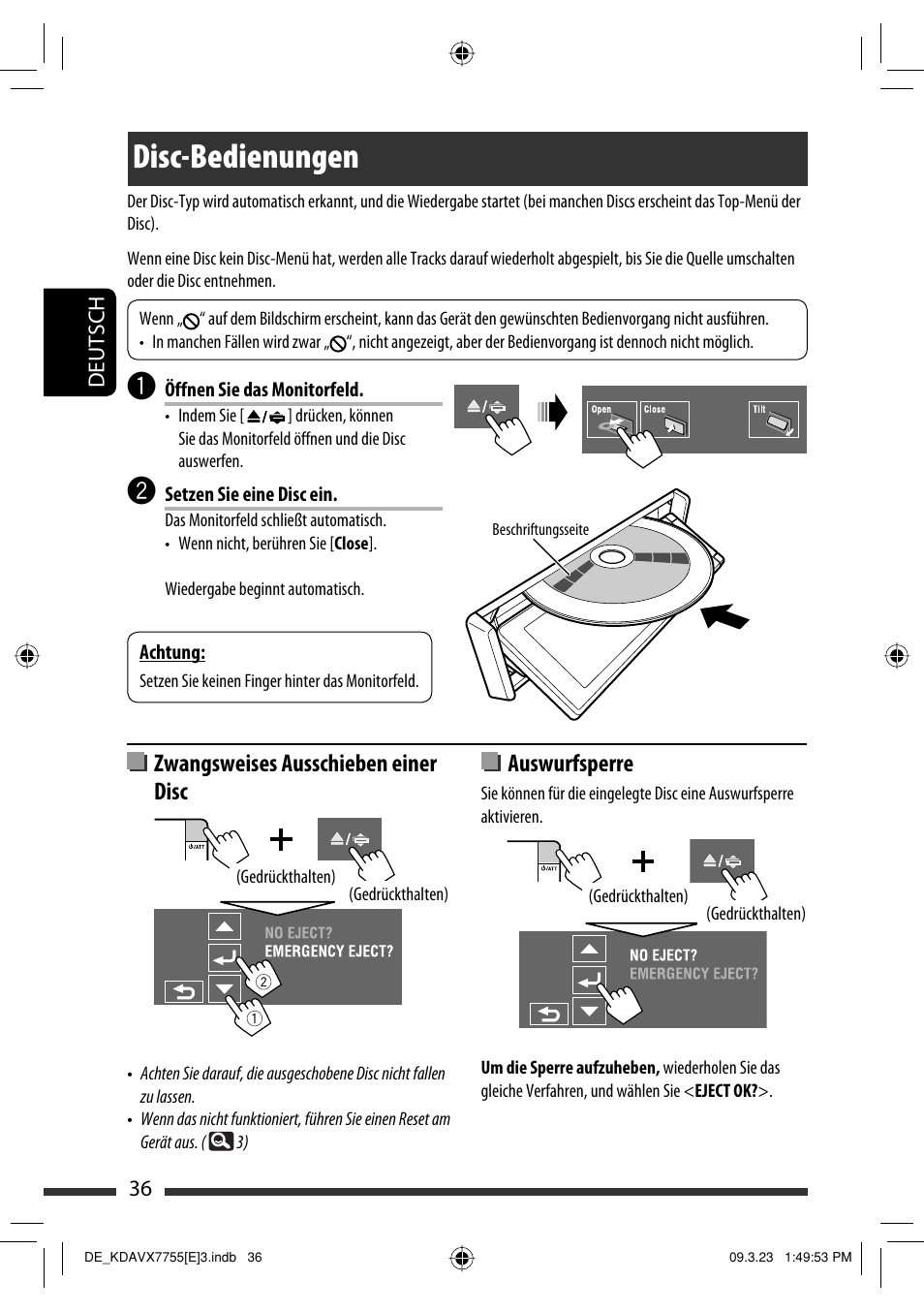 Disc-bedienungen, Zwangsweises ausschieben einer disc, Auswurfsperre | JVC KD-AVX77 User Manual | Page 110 / 292