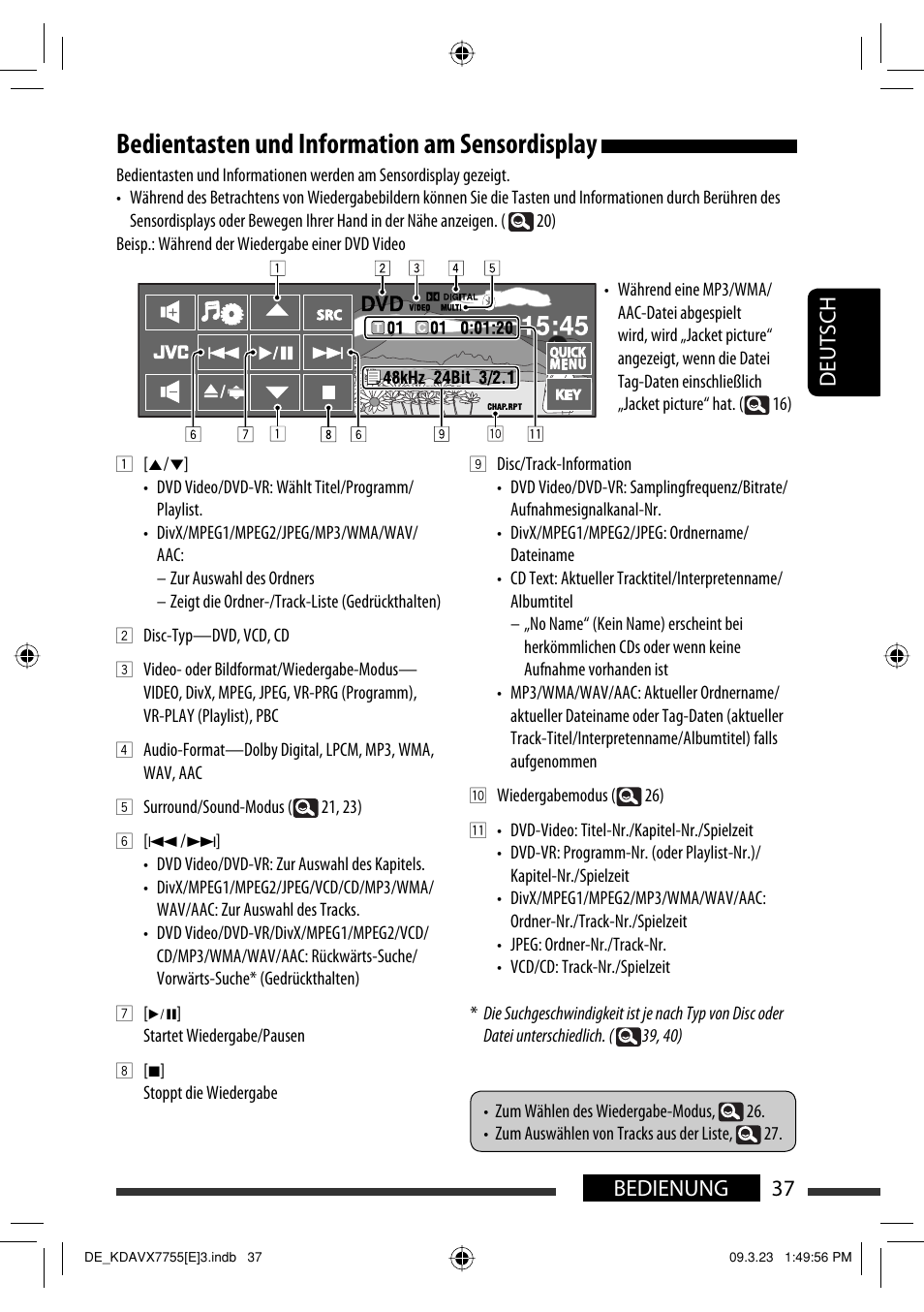 Bedientasten und information am sensordisplay, 37 bedienung deutsch | JVC KD-AVX77 User Manual | Page 111 / 292