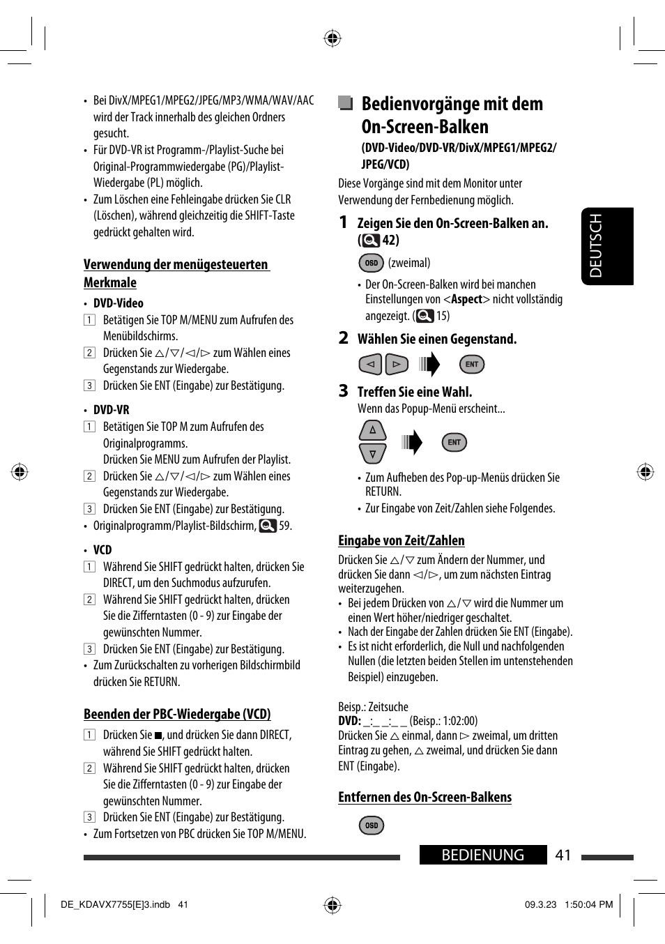 Bedienvorgänge mit dem on-screen-balken, 41 bedienung deutsch | JVC KD-AVX77 User Manual | Page 115 / 292