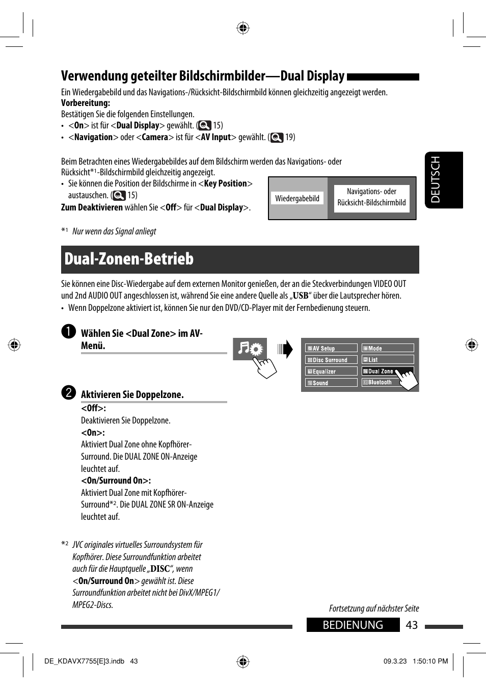 Dual-zonen-betrieb, Verwendung geteilter bildschirmbilder—dual display, 43 bedienung deutsch | JVC KD-AVX77 User Manual | Page 117 / 292