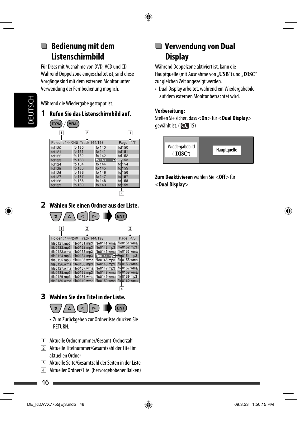 Verwendung von dual display, Bedienung mit dem listenschirmbild | JVC KD-AVX77 User Manual | Page 120 / 292